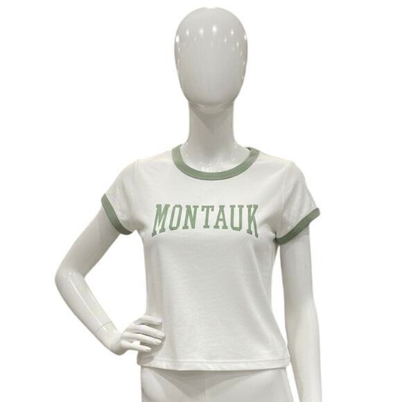 Forever 21 Montauk Ringer T-Shirt Crop Top White Green Short Sleeve Womens S - Picture 1 of 10